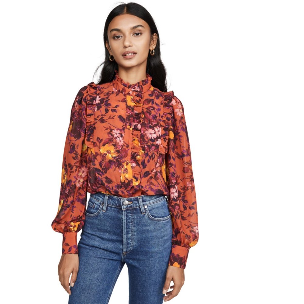 Divine Heritage Orange Floral Ruffle Button Up Blouse